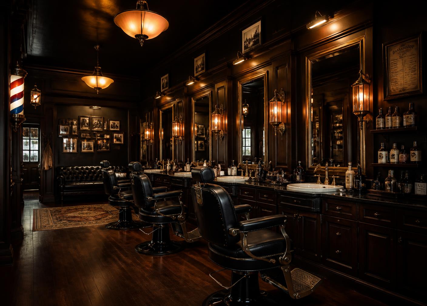 Ambiente da Dom Thiago Barbearia com cadeiras clássicas e iluminação quente